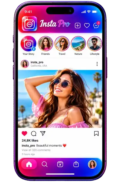 Insta Pro app interface on an Android smartphone